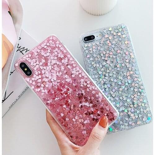 Luxury Pink Love Heart Sparkling Phone Case for Iphone X Xs Max Clear Glitter Soft Tpu Case for Iphone 6s 7 8plus Xr Back Cover