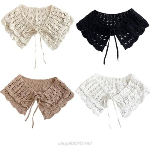 Hollow Out Knitted Shawl Wrap Sweet Chunky Crochet Double Layer Lace Fake Collar Lace-Up Bow Decorative Poncho J07 21 Dropship