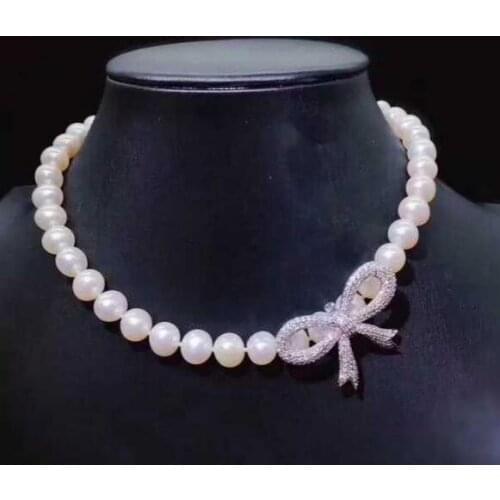 Free shipping jewelry Handmade 45cm 8-9mm White Pearl CZ Necklace Pendant 925 silver micro inlay zircon leaf clasp accessory