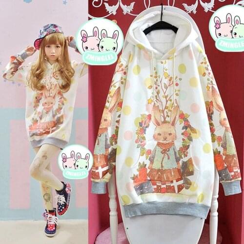 Cute Womens Lolita Fairy Tale Forest Rabbit Bunny Loose Hoodie Sweatshirt Harajuku Long Sleeve