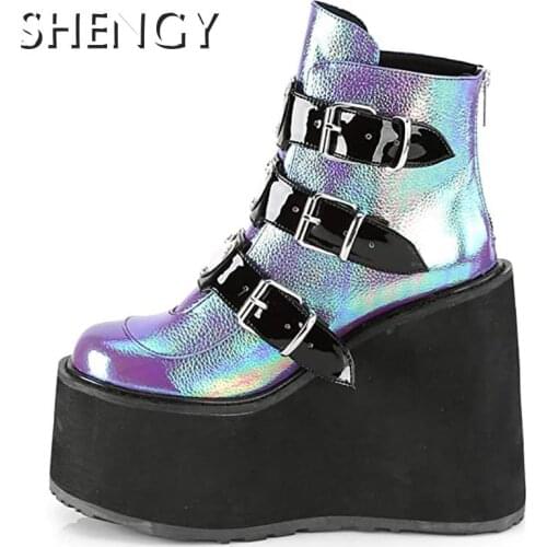 SHENGY Autumn Women Boots Platform Fashion Thick Bottom Ankle Boots Women Shoes Woman Wedges Lace Up Buckle Ankle Heel Boots