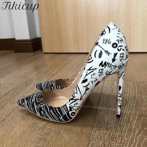 Tikicup Black White Women Gratiffi Print Pointy Toe High Heels Chic Designer Ladies Slip On Stiletto Pumps Plus Size 33-45