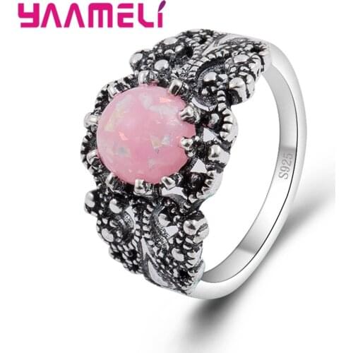 Beauty Retro Women Fashion Pink Opal Stone Rings 925 Sterling Silver Trendy Summer Style Bohemia Jewelry Ring For Sale
