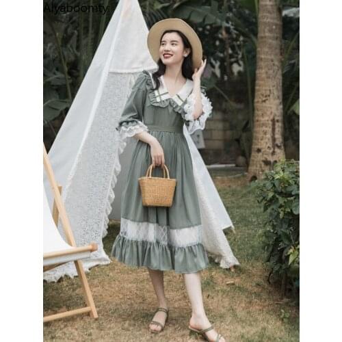 2021 Summer Autumn Women Green Lolita Midi Dress Peter Pan Collar French Fairy Princess Dress Flare Sleeve Lace Ruffles Dresses