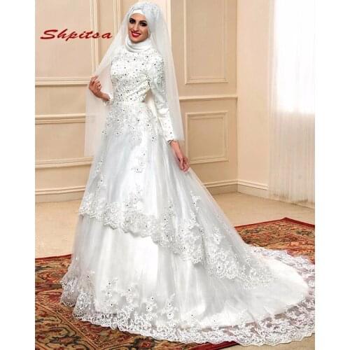 Long Sleeve Lace Wedding Dresses Muslim Dubai Arabic Plus Size White Ivory Women Beaded Bride Bridal Dresses
