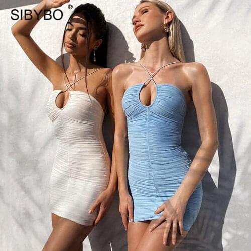 Sibybo White Summer Halter Ruched Dress Women Sexy Off Shoulder Mini Bodycon Dresses Femme Beach Backless Party Vestidos 2021