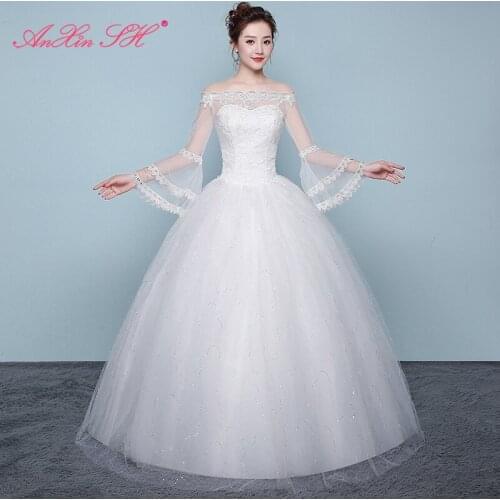 AXJFU princess flower lace illusion white wedding dress vintage boat neck flare sleeve party wedding dress