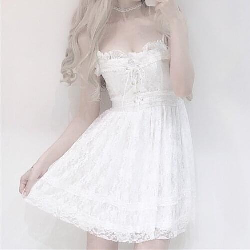 Japanese Soft Sister Sexy Lolita Dress Girl Casual Chest Cross Bow Bandage Slim White Lace Dress Women Party Sling Mini Dresses