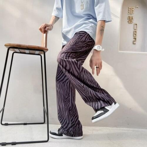 Summer Thin Wide-leg Pants Mens Fashion Retro Stripe Pants Men Streetwear Loose Hip-hop Straight Ice Silk Pants Mens Trousers
