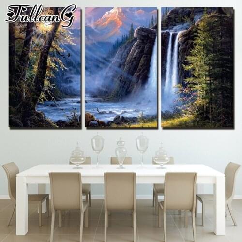 FULLCANG 5d diy mosaic diamond embroidery scenic waterfall diamond painting triptych full square round drill home decor FC2036