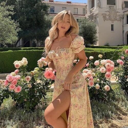 2021 Summer Women Cottagecore Floral Print Side Split Dress Sexy Backeless Puff Sleeve Bodycon Pastoral Party Night Club Dresses