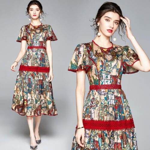 Summer Womens New Puff Sleeve Ladies Slim-Fit Print Short-Sleeve Dress