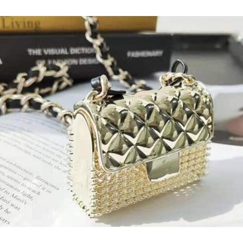 Genuine Leather Red with The Same Metal Mini Earphone Bag Small Fragrant Wind Ring Chain Neck Bag Pearl Bag Fanny Pack