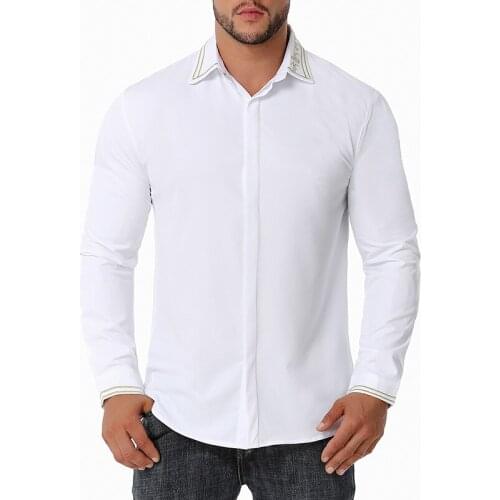 Fashion Gold Embroidery White Shirt Men 2020 New Slim Fit Long Sleeve Mens Dress Shirts Wedding Party Casual Male Social Shirt