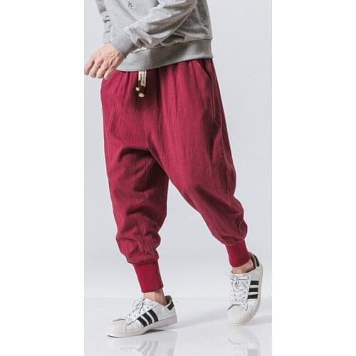 Men Harem Pants Japanese Casual Drawstring Cotton Linen Trouser Jogger Chinese Baggy Sweatpants
