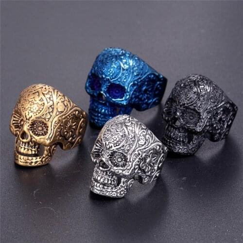 Classic Garden Flower Skull Ring For Man Stainless Steel Mans Punk Style Jewelry