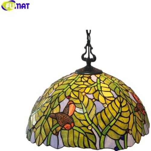 FUMAT Tiffany Style Pendant Lamp Green Leaves Bird Wisteria Hanging Light Fixture Handcraft Art Home Decor Single Head Droplight