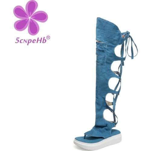 Women Roman Hollow Pinch High Tube Sandals Straps Wedge Heel Casual Large Size Female Denim Jeans Over The Knee Tong Toe Shoes