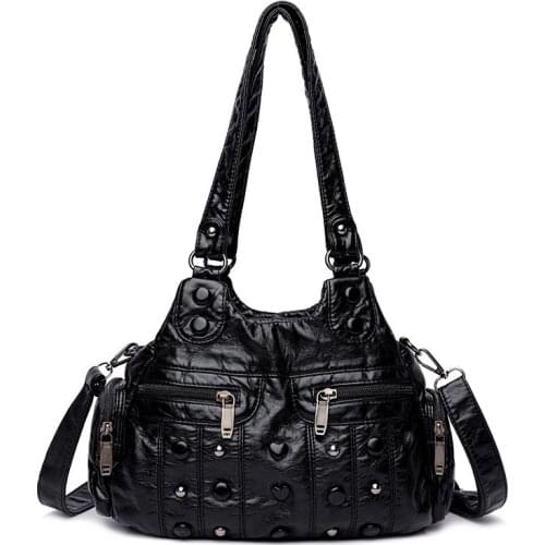 PU Leather Shoulder Bag for Women Washed Distressed Fashion Handbag Rivet Vintage Bags 2020 New Female Package Black Hobos