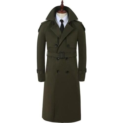 Super long over-the-knee trench coats mens army green 2021 spring autumn double-breasted British fashion all-match windbreaker