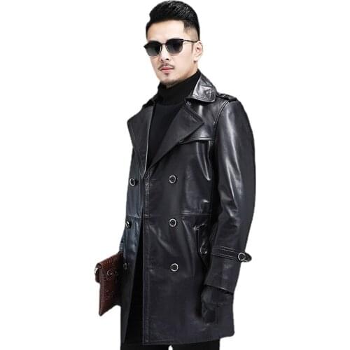 Genuine Leather Trench Coat Mens Long Type First Layer Cowhide Suit Collar Autumn and Winter Warm Clothes