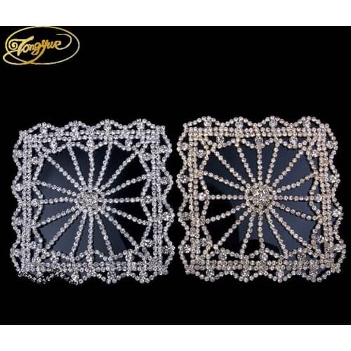 High Quality Gold Silver Color Crystal Dotted Pocket DIY Sewing Applique Wedding Dress Neck Decoration Rhinestone Crafts