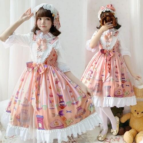 Japanese sweet lolita dress palace vintage lace bowknot cute printing victorian dress kawaii girl gothic lolita jsk loli cos