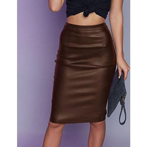 LOGAMI Faux Leather PU Skirt Ladies Sexy Pencil Women Knee Length Skirts Womens Summer High Waist Bodycon Skirt