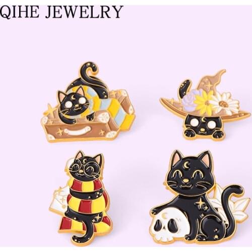 Black Cats Witch Enamel Pin Floral Magic Hat Brooches for Women Cute Animal Badge Bag Clothes Lapel Pin Jewelry Gift Wholesale