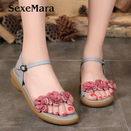 SexeMara Flower Designer Genuine Leather Sandals Handmade Women Flat Sandals Platform Summer Flats Heel Ladies Shoes size 40
