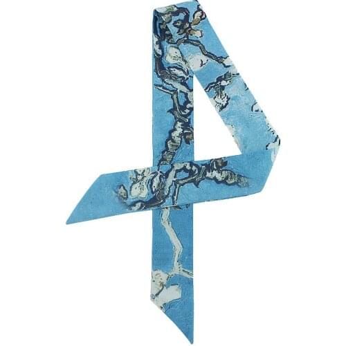 Van Gogh Oil Painting Apricot Flower Scarf Female Luxury Brand Tied Bag Small Ribbon Ladies Twill Simulation Silk Scarf Headband