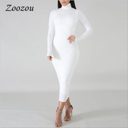 Black White Bodycon Long Sleeve Women Dress Basis Turtleneck Winter Ladies Dresses Clothing Sexy Elastic Slim Long Dress Custom