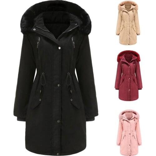 Women Autumn Winter Warm Suede Coat Thickened Plus Velvet Detachable Hat Large Fur Collar Coat