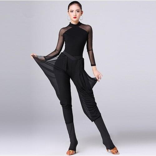 Ballroom Latin Dance Pants Women Black Chiffon Tassel Ladies Practice Dancing Wear Clothes Samba Tango Salsa Trousers in stock