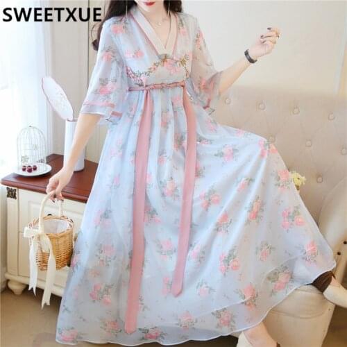 SWEETXUE 2021 Fashion Kawaii Summer Womens Retro Hanfu Female Long Dresses Chinese Ctyle Fairy Print Loose Casual Dress Lady