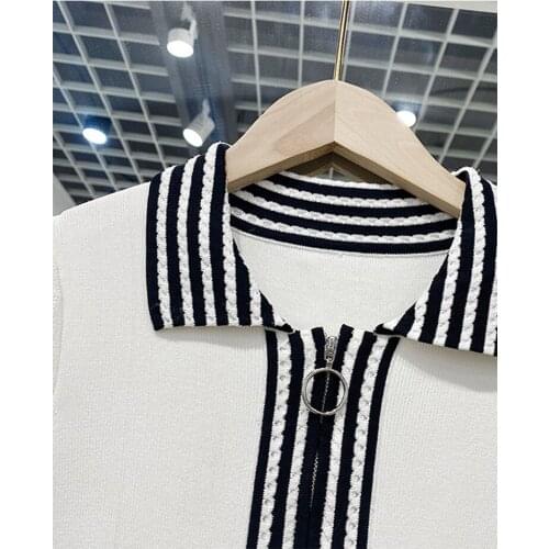 2020 Spring and Summer Color Matching Lapel Zipper Slim Knitted Dress for Women