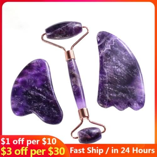 Amethyst Roller Gesicht Gua Sha Werkzeug Set Stein Gesichts Gesundheit Pflege Massage Kristall Quarz Spa Akupunktur