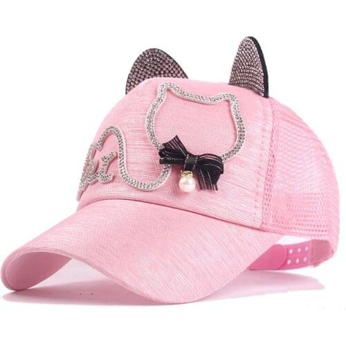 Children Baseball Cap Boys Girls Cartoon Snapback Hat Fashion Summer Breathable Hip Hop Hat Two Ears Rhinestone Kids Cotton Hats