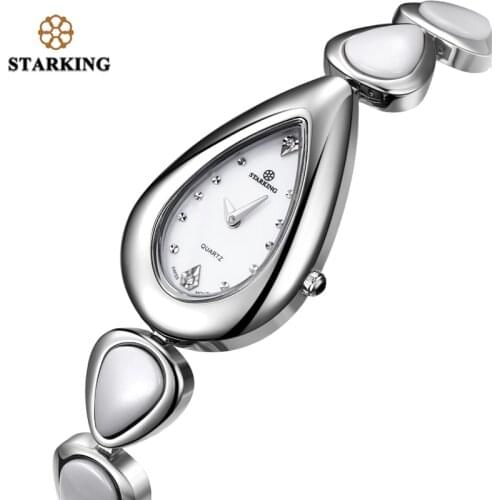 STARKING Sapphire Crystal White Ceramic Watch Women Quartz Stainless Steel Bracelet Watches Ladies Drop Shape Vintage Wristwatch