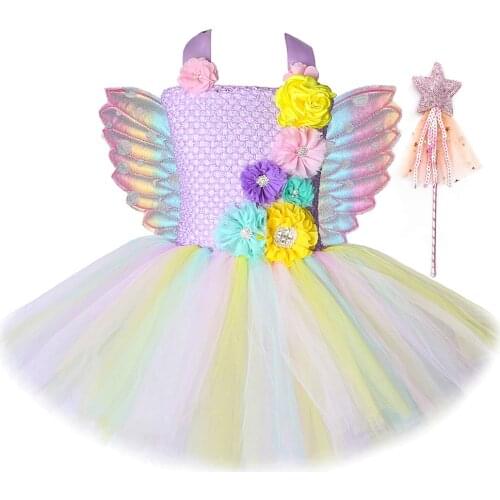 Flower Girl Fairy Tutu Dress with Wing Princess Birthday Costume for Kids Pastel Macaron Dresses Girls Halloween Carnival Outfit