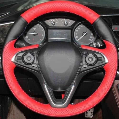 For Buick Envision Hand-stitched Black Red Leather Car Steering Wheel Cover anti-slip design all season