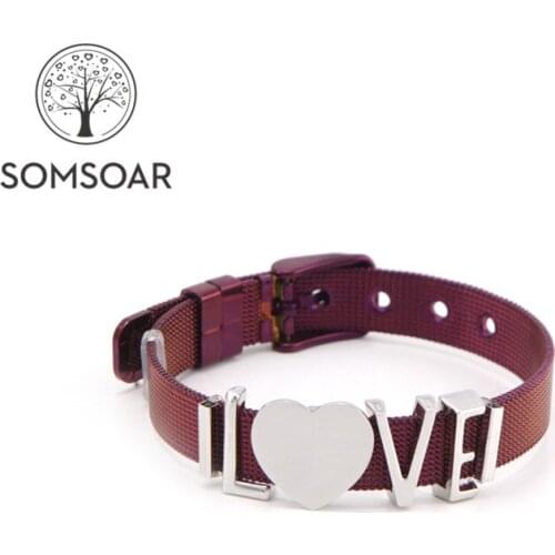 Dropshipping Somsoar Jewelry Stainless Steel Love Heart Charms Mesh Bracelet Set can laser logo/name as DIY gift