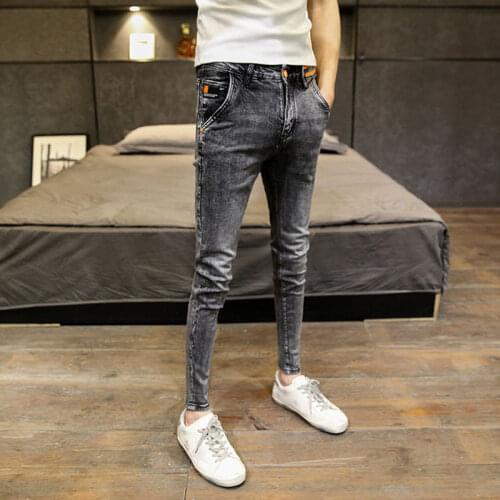 Spring and summer 2021 Denim jeans new mens Korean style slim feet trendy diagonal pockets students teenager pencil pants