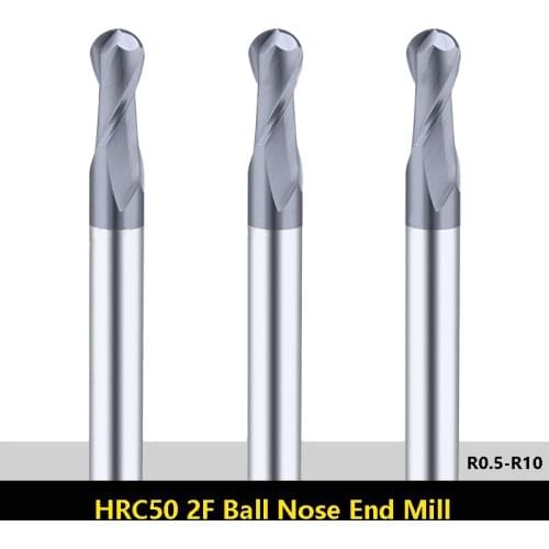 BEYOND 1pcs Tungsten Steel Ball Nose End Mills Router Bit HRC50 2 Flute R0.5 R1 R1.5 R2 1mm 2mm 6mm 8mm 10mm Milling Cutter