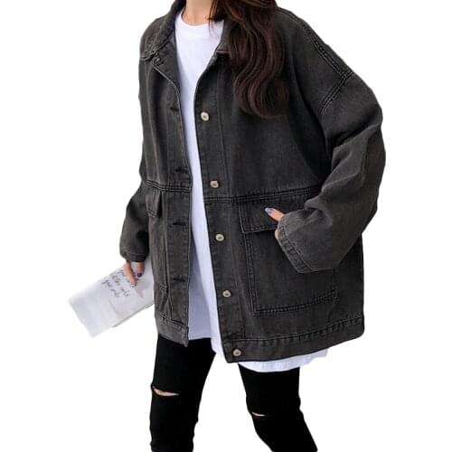 Vintage Single Breasted Jeans Jacket Women Autumn Fashion Lapel Long Sleeve Black Jacket Woman Casual Oversized Blue Denim Coats