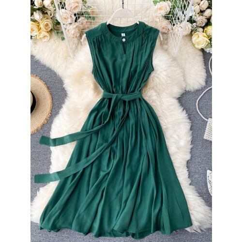 Summer Solid Green/Blue/Yellow Casual Dress Elegant Sleeveless Round Neck Sashes Dresses Vintage 2020 New Fashion Vestido Verano