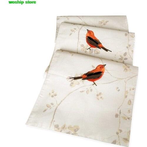 Fashion Embroidery Birds flowers and plants Double-deck cotton table runner American pastoral rainbow stripes Style Table flag