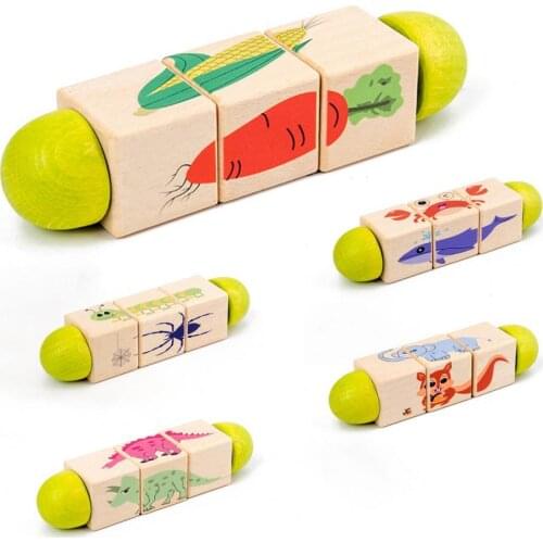 Monterssori Toy Puzzle Lovely Rotating Wood Kids Early Education Cognitive Guiding Cartoon Pattern Building Block for Home