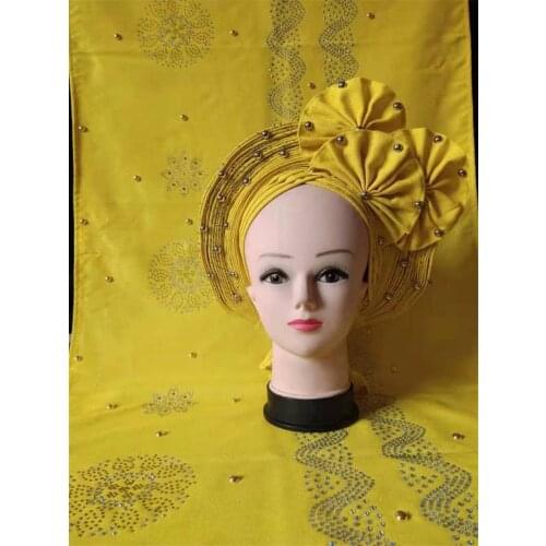 African Gele Headtie Aso Oke Latest Gele Wrapper Set With Shawl Stoned Nigerian Gele Aso Oke Head tie for Party 2021 Newest