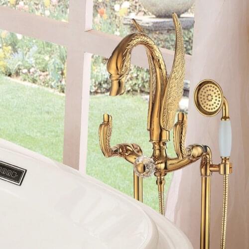 Floor standing Gold finish PVD SWAN Bath shower Bathtub Faucet WITH Hand Shower Crystal Diverter